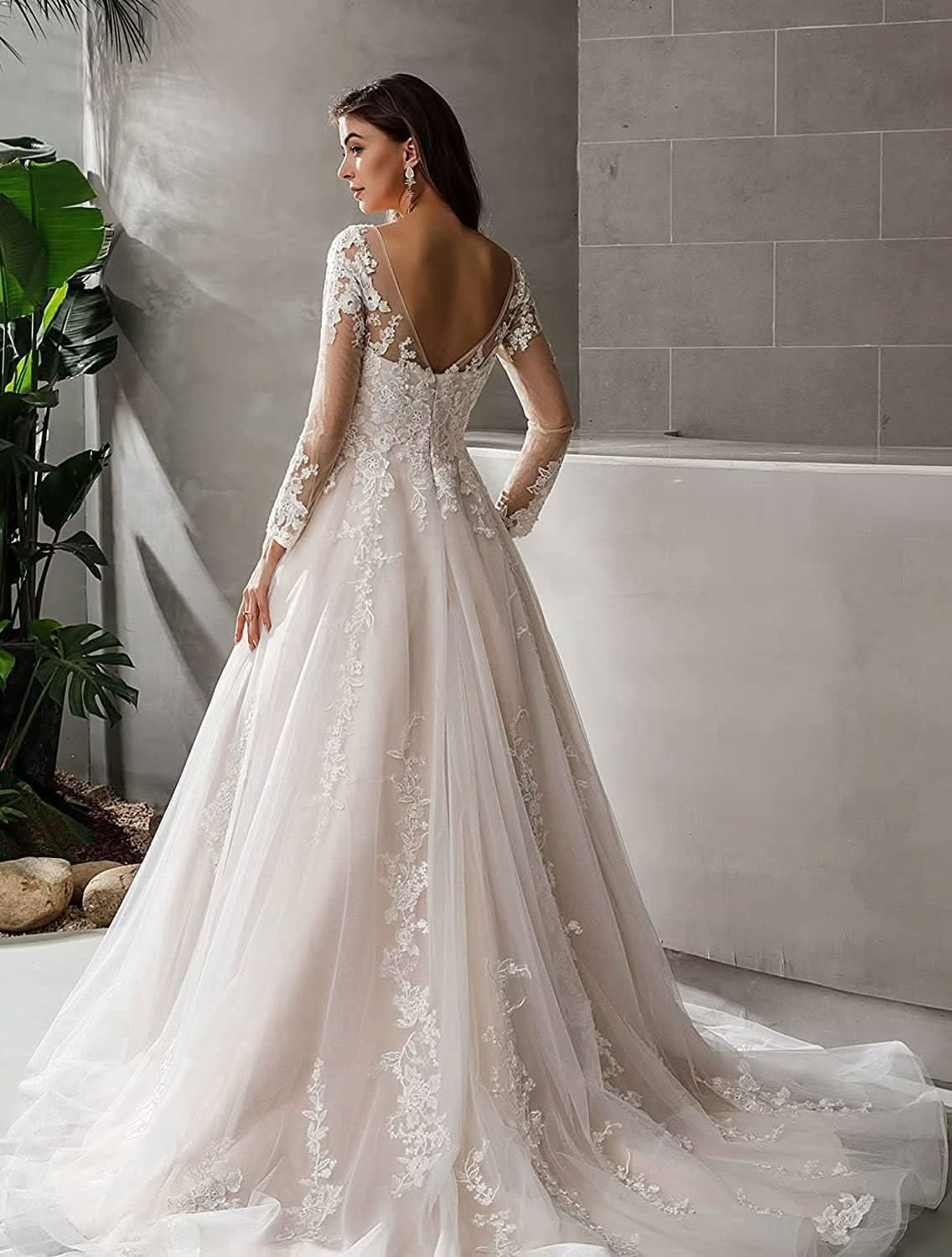 Loyeloy Women's Wedding Dresses for Bride 2025 Sexy V Neck Slit Lace Bridal Wedding Gowns for Bride YJ010