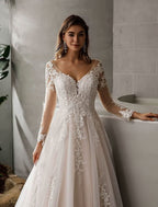 Loyeloy Women's Wedding Dresses for Bride 2025 Sexy V Neck Slit Lace Bridal Wedding Gowns for Bride YJ010
