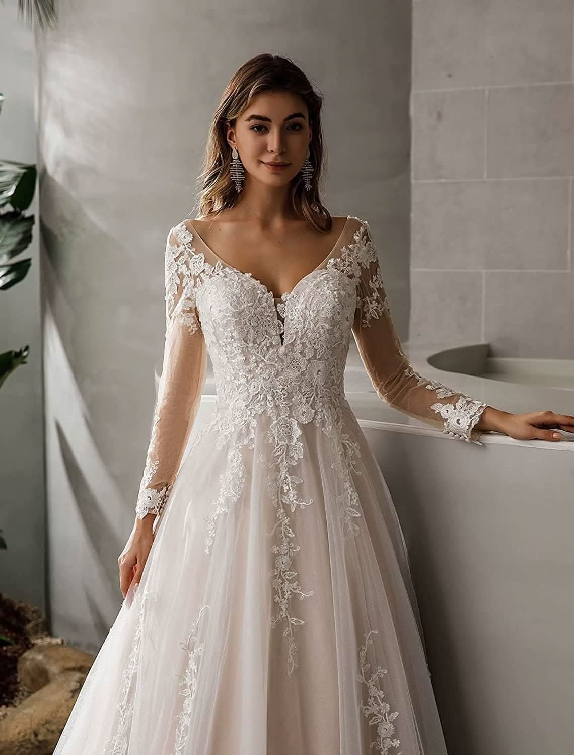 Loyeloy Women's Wedding Dresses for Bride 2025 Sexy V Neck Slit Lace Bridal Wedding Gowns for Bride YJ010