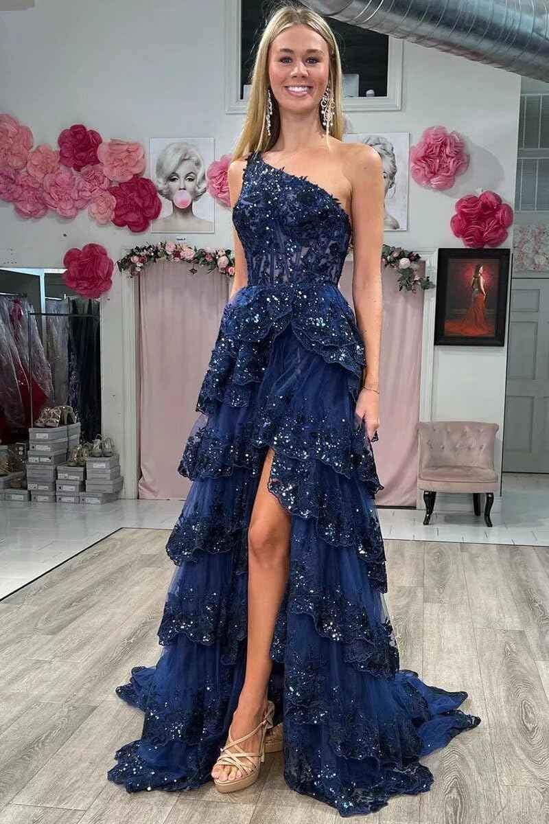 Cudiew One Shoulder Lace Tulle Tiered Prom Dress Sparkly Sequined Applique Long Maxi Formal Evening Party Gowns 2025