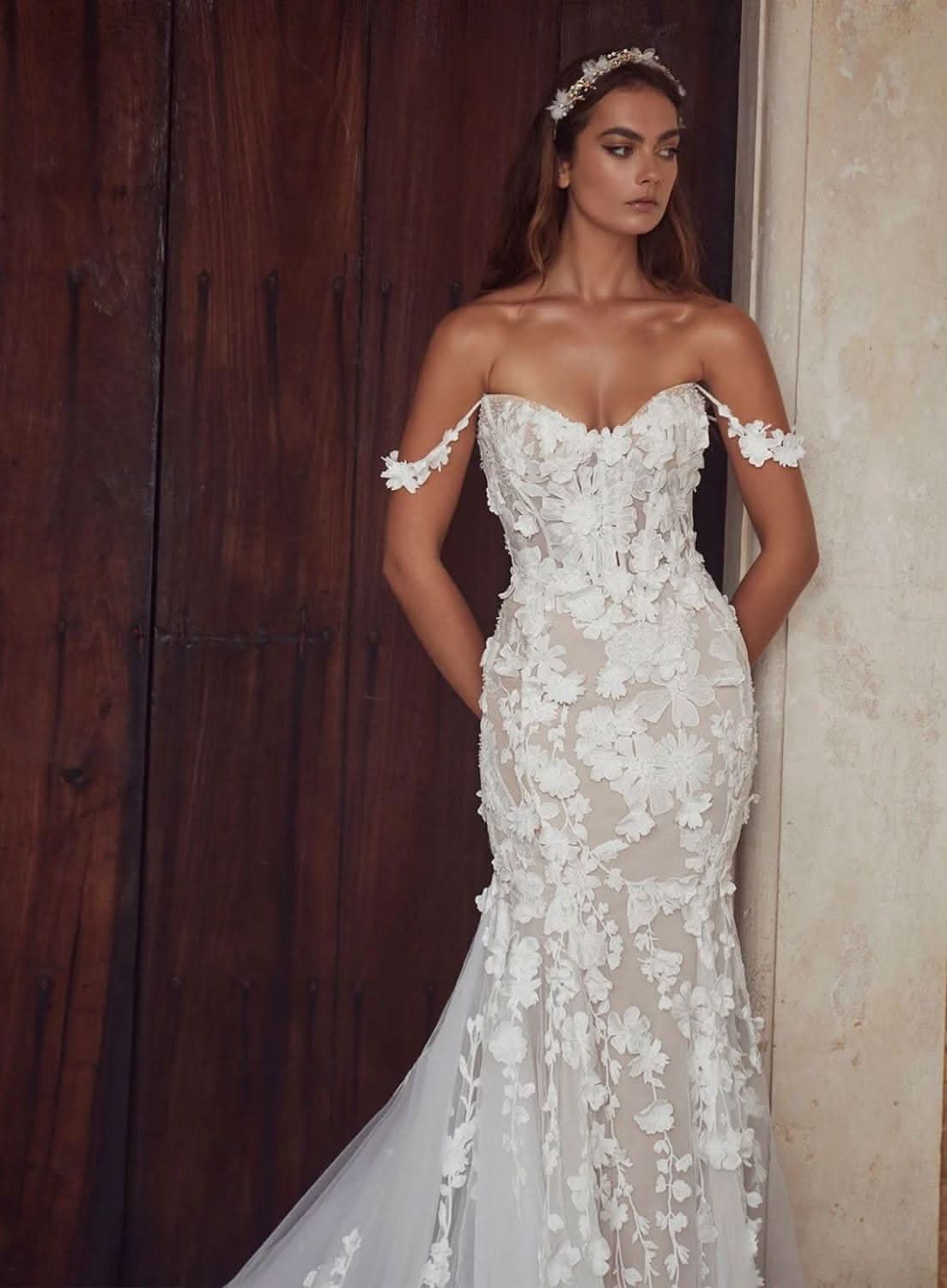 Loyeloy Women's Wedding Dresses for Bride 2025 Sexy V Neck Slit Lace Bridal Wedding Gowns for Bride YJ010