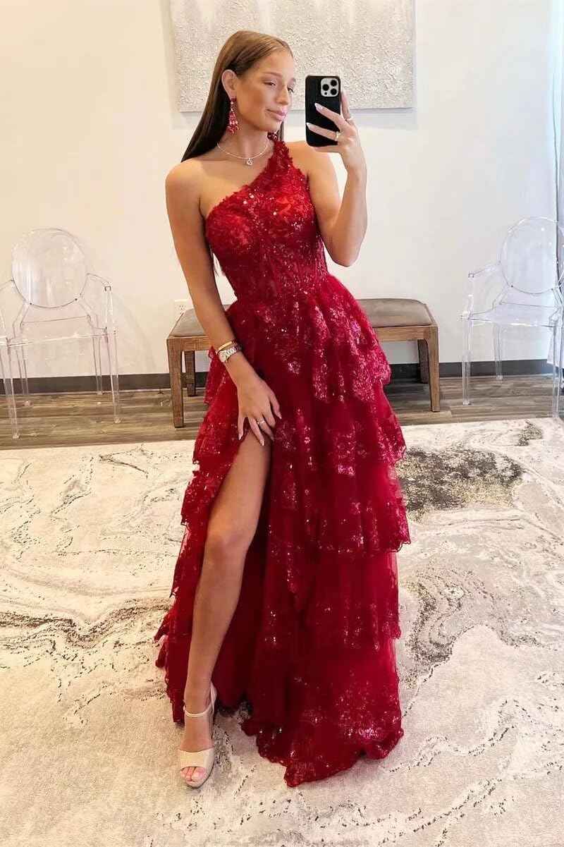 Cudiew One Shoulder Lace Tulle Tiered Prom Dress Sparkly Sequined Applique Long Maxi Formal Evening Party Gowns 2025