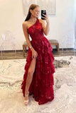 Cudiew One Shoulder Lace Tulle Tiered Prom Dress Sparkly Sequined Applique Long Maxi Formal Evening Party Gowns 2025