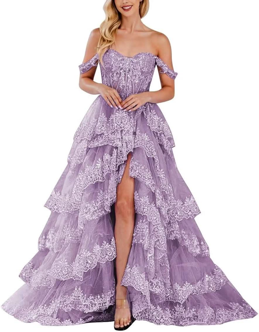 Lace Appliques Prom Dresses for Women Sparkly Tiered Tulle Off The Shoulder Formal Evening Gowns with Slit