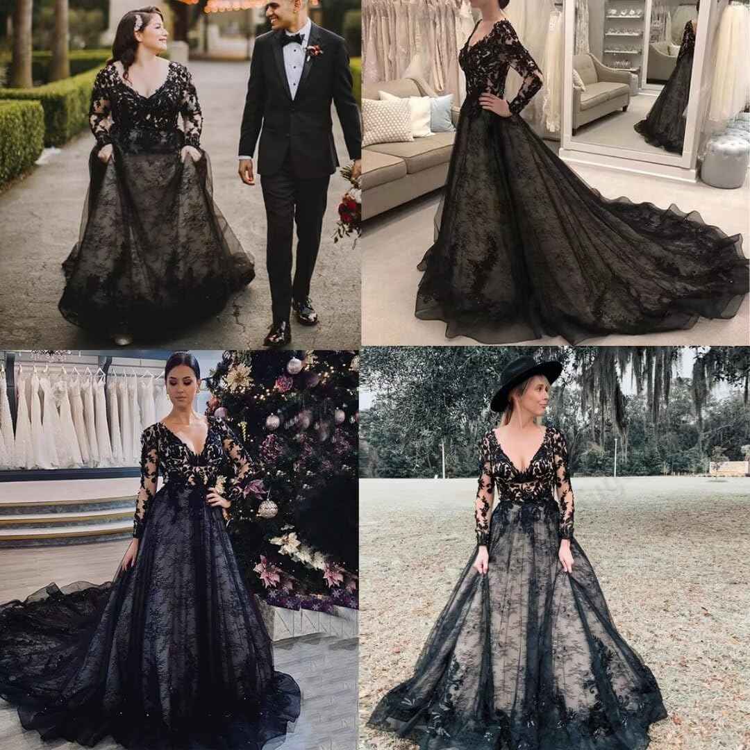 Black Wedding Dresses for Bride Long Sleeve Bridal Gowns V Neck Lace Appliques Wedding Gowns with Train Bmbride