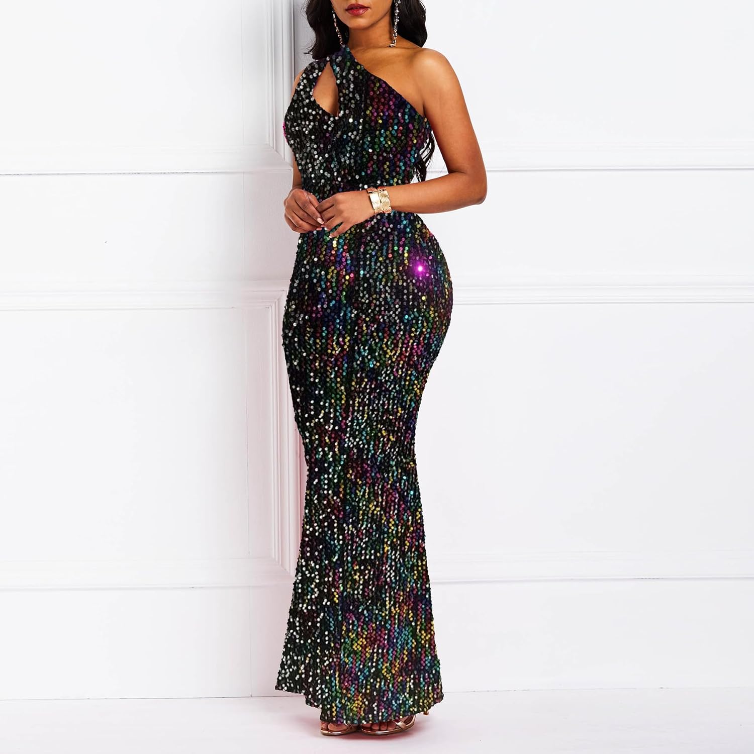 Sequins Fashion Sleeveless Oblique Collar Mermaid Women's Maxi Dress Bodycon Dress Party Dress