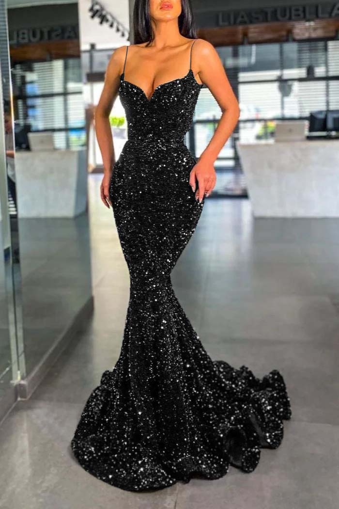 Spaghetti Strap Sleeveless Long Mermaid Prom Dress With Sequins BMBRIDE