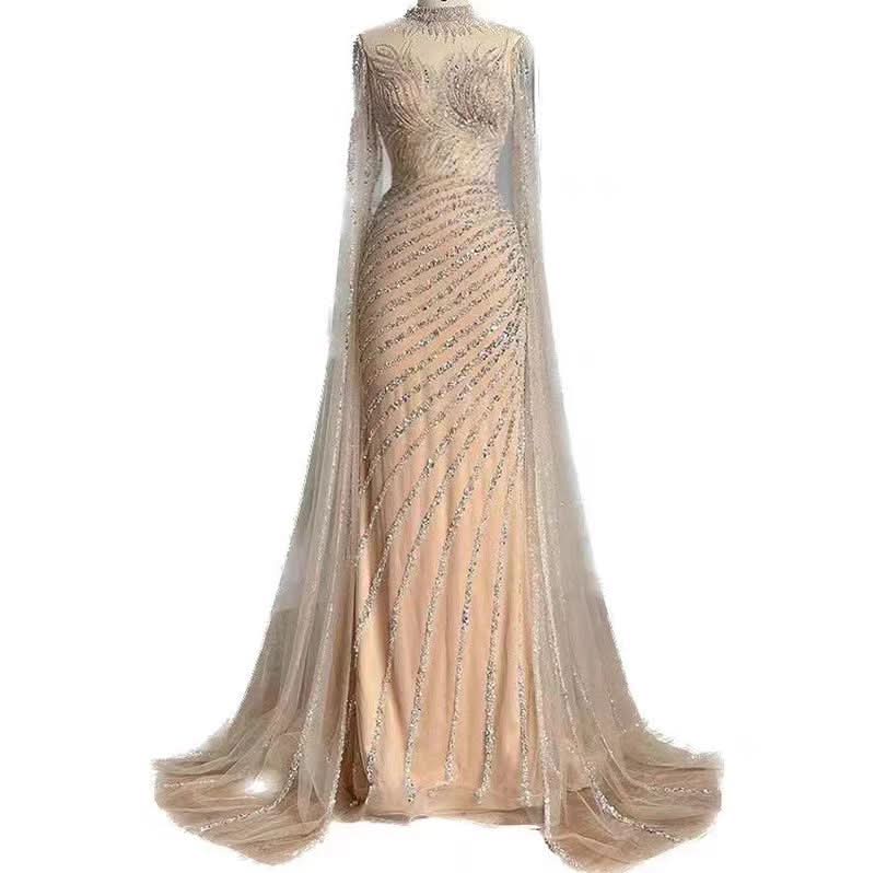 Green Luxury Long Sleeve Sequined Beaded Prom Dress 2024 BM bride