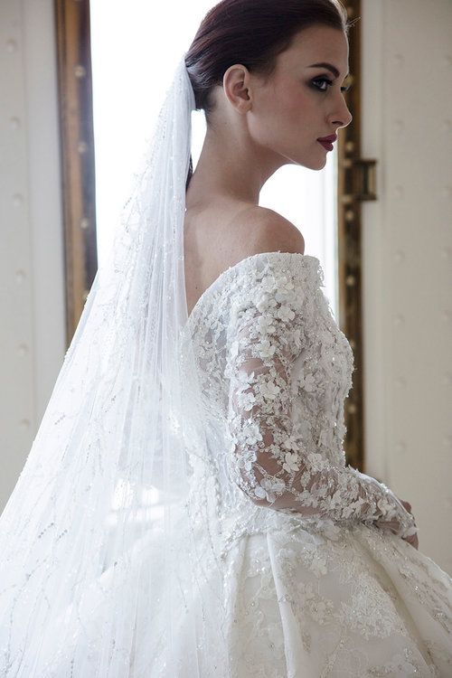 Off-the-Shoulder Sweetheart Long Sleeve A-Line Backless Wedding Dress with Lace, Appliques, and Crystal BM bride