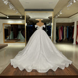 Gorgeous Off-the-Shoulder Long Ball Gown Wedding Dress with Sequins BM bride