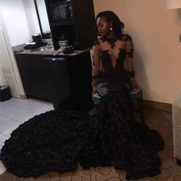 Glamorous Applique Embroidery Black Mermaid Floor Length Prom Dress