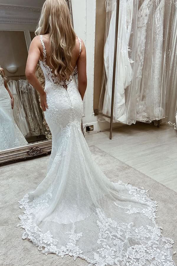 Sleeveless Bateau Mermaid Wedding Dress with Tulle Appliques BM bride