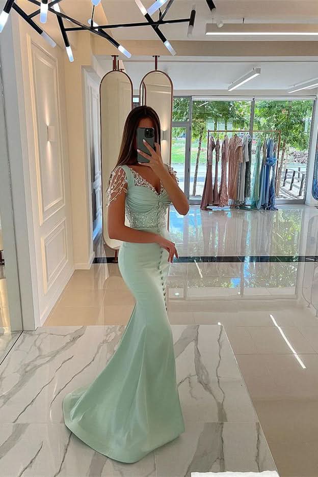 Amazing Mint Green Cap Sleeves Prom Dress Long with Buttons and Beads BM bride