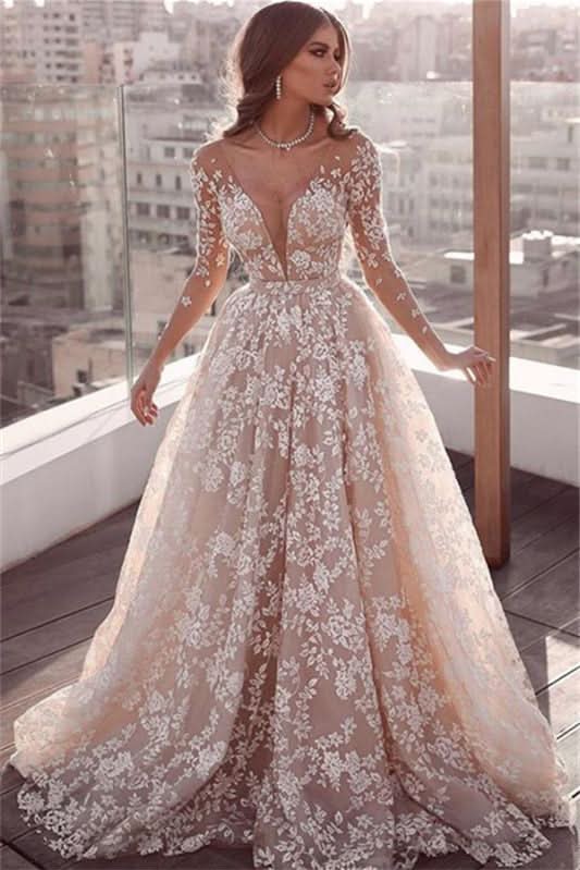 Long Sleeve A-Line Tulle Wedding Dress with Lace Appliques BM bride