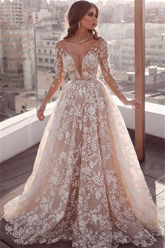 Long Sleeve A-Line Tulle Wedding Dress with Lace Appliques BM bride