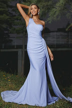One Shoulder Sleeveless Ruffles Mermaid Prom Dress with Trail BM bride