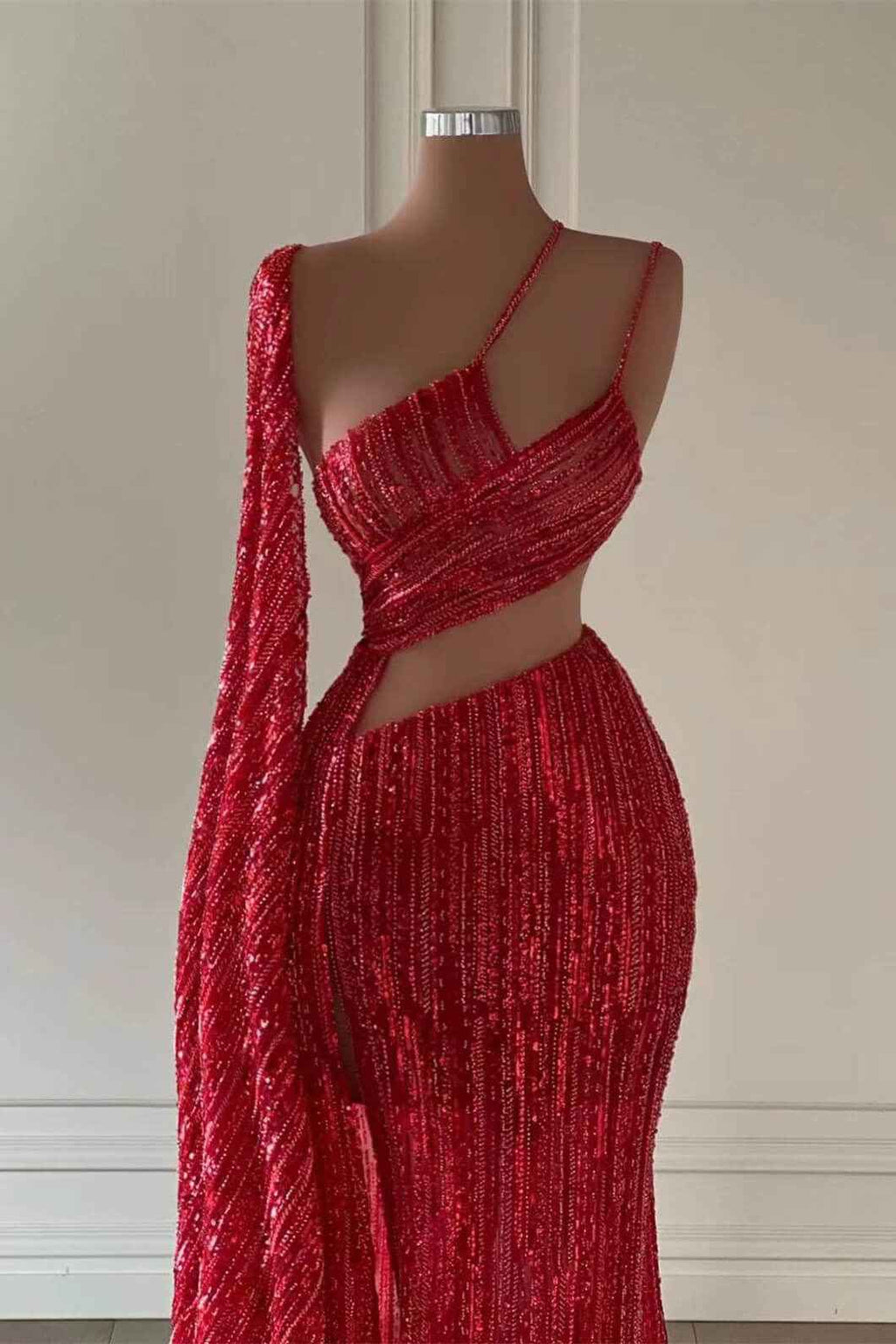 Burgundy One Shoulder Mermaid Prom Dress With Long Ruffles Sequins Split
