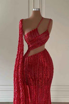 Burgundy One Shoulder Mermaid Prom Dress With Long Ruffles Sequins Split