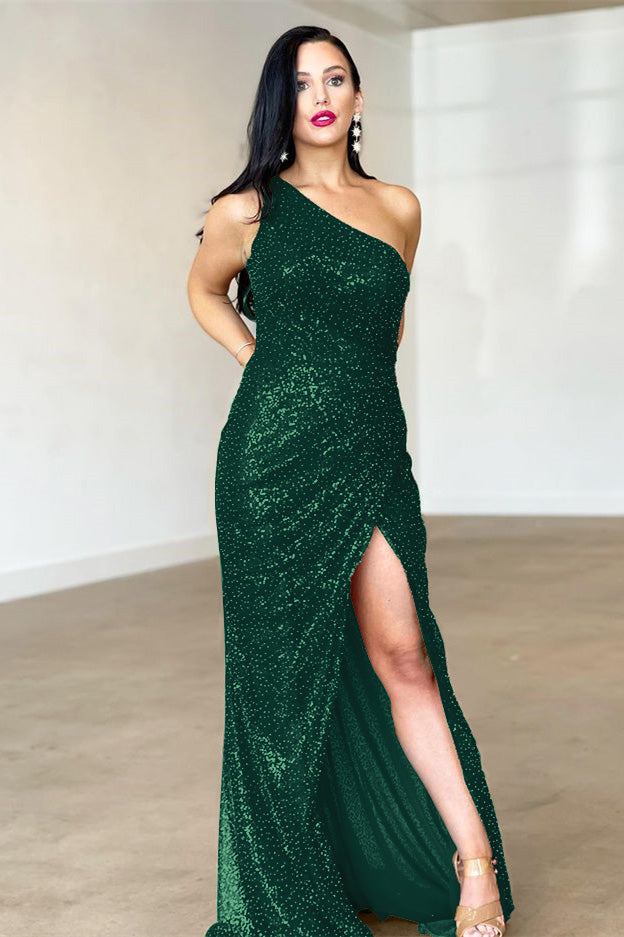 Burgundy One-Shoulder Backless Mermaid Evening Dress with Split BM bride