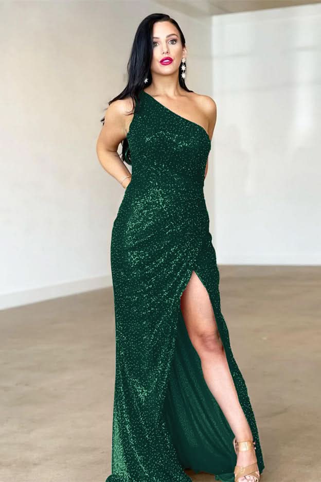 Burgundy One-Shoulder Split Mermaid Evening Dress with Backless BM bride