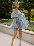 Flirty A-Line Floral Printed Off-the-Shoulder Dress for a Fun Homecoming BM bride