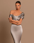 Grey Off-The-Shoulder Bateau Pleated Ball Gown Evening Dress BM bride