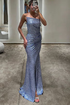 Luxurious Silver Strapless Prom Dress, Slimming Sweep Mermaid BM bride