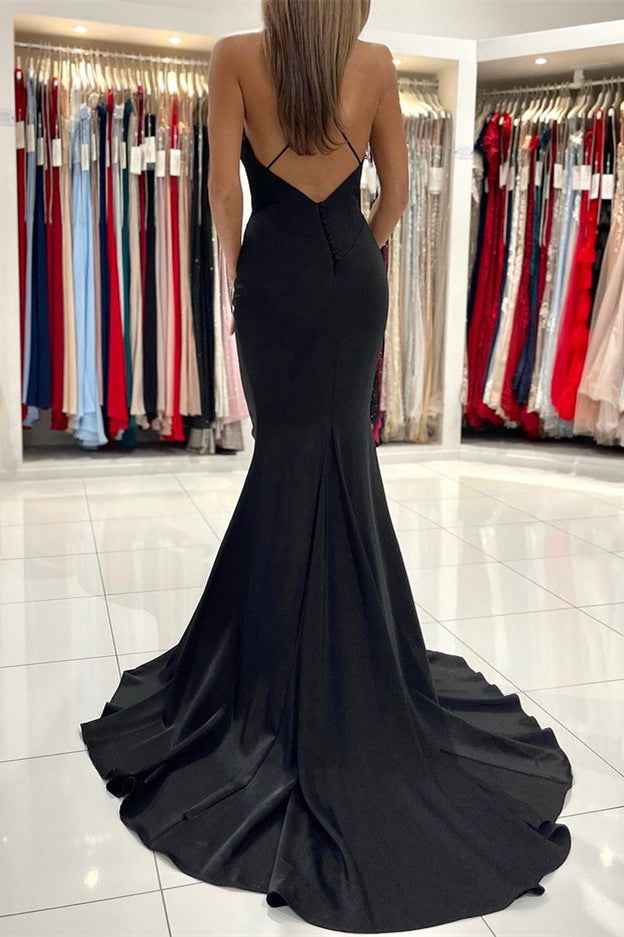 Spaghetti Strap V Neck Black Sleeveless High Waist Long Mermaid Prom Dress