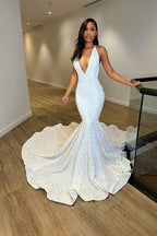 White Deep V Neck Laser Light Sleeveless Mermaid Princess Prom Dress Trumpet Open Back