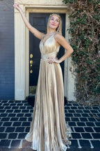 Stunning Plunging V-Neck Gold Pleated Long Prom Dress BM bride