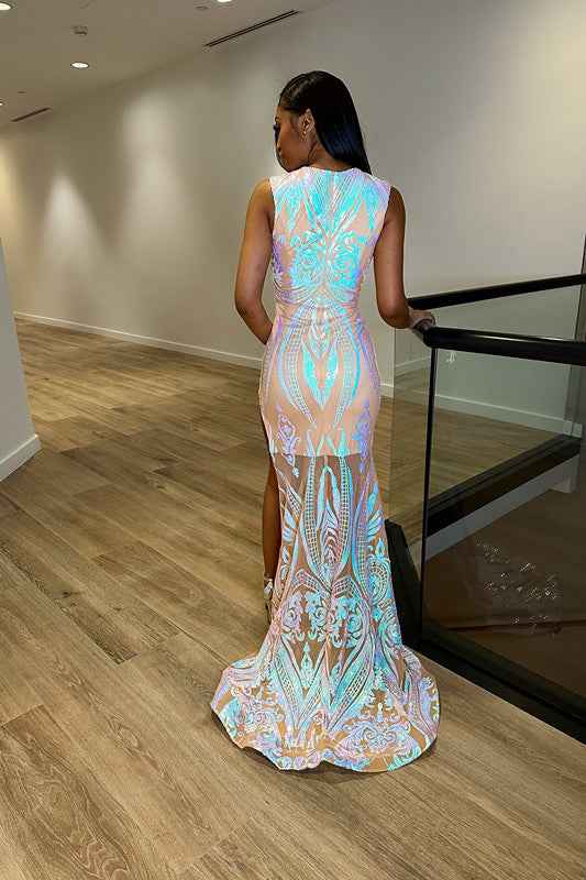 Crew Neck Laser Light Sleeveless Mermaid Princess Prom Dress With Split Trumpet