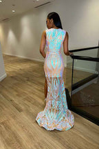 Crew Neck Laser Light Sleeveless Mermaid Princess Prom Dress With Split Trumpet