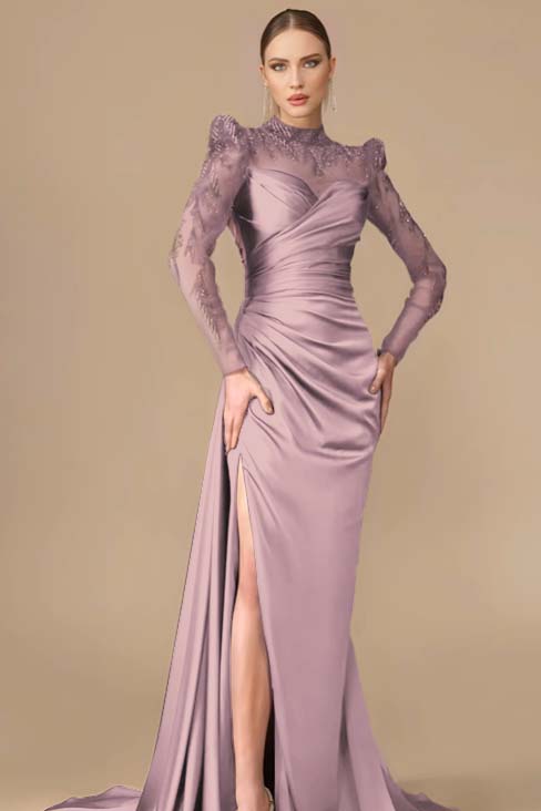 Long Sleeves Long Mermaid Prom Dress With Split Pleated Appliques BMBRIDE