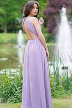 Elegant Halter A Line Sleeveless Prom Dress Online Open Back Lilac With Pleated