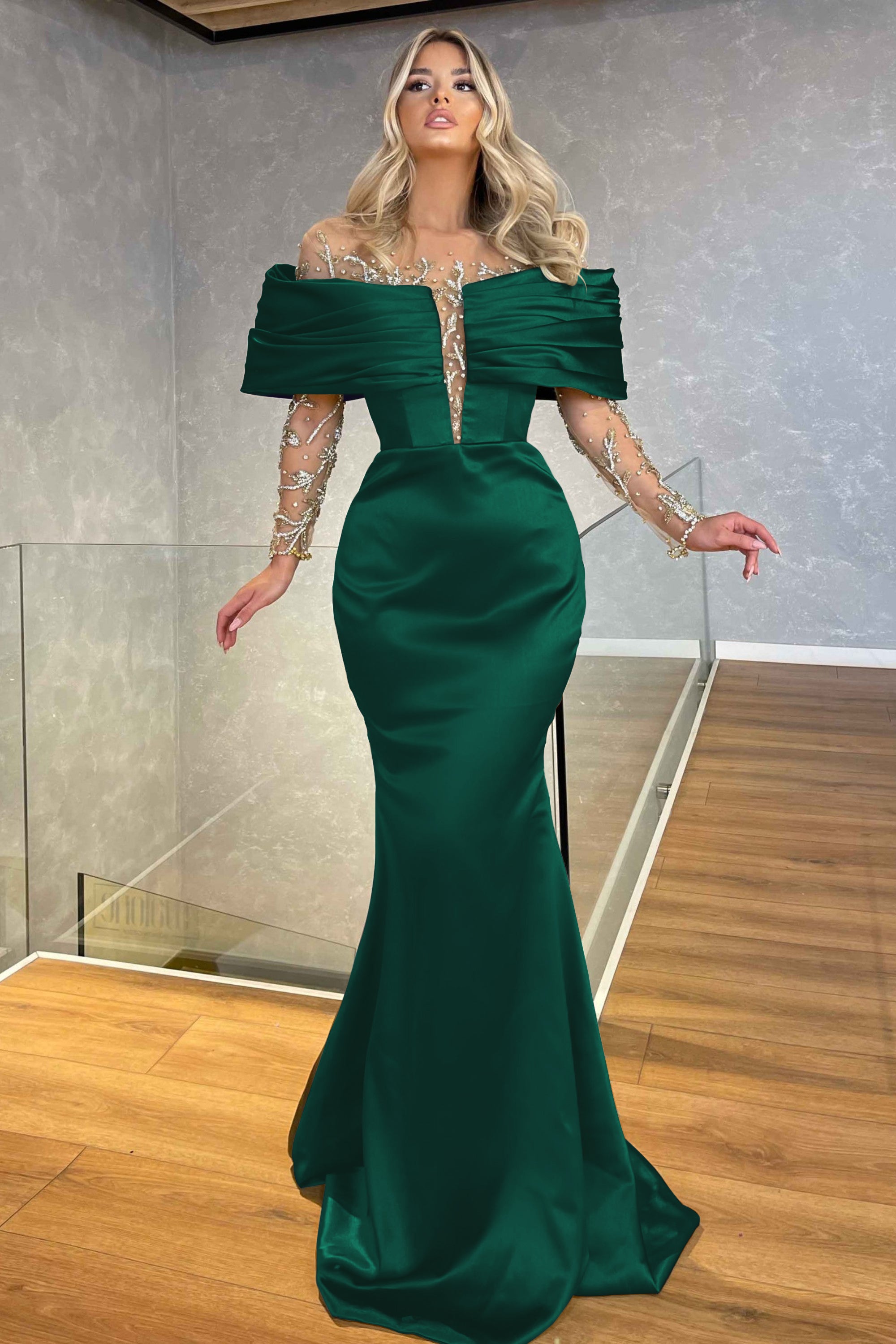 Green Prom Dress Off the Shoulder Long Sleeves Beading Embellished BMBRIDE