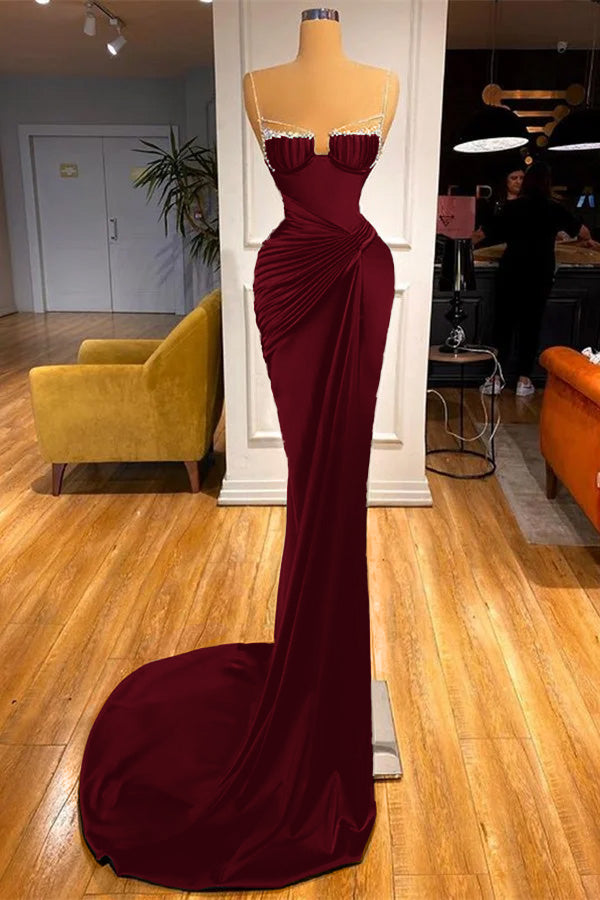 Mermaid Dark Green Spaghetti Strap Sleeveless Long Prom Dress With Beadings BMBRIDE