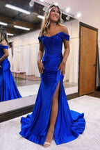 Elegant Sequins Off-The-Shoulder Evening Dress with Pleated Slit BM bride