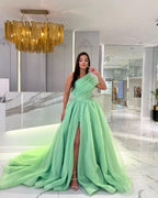 Black A-Line Prom Dress One Shoulder Long Sleeveless with Split BM bride