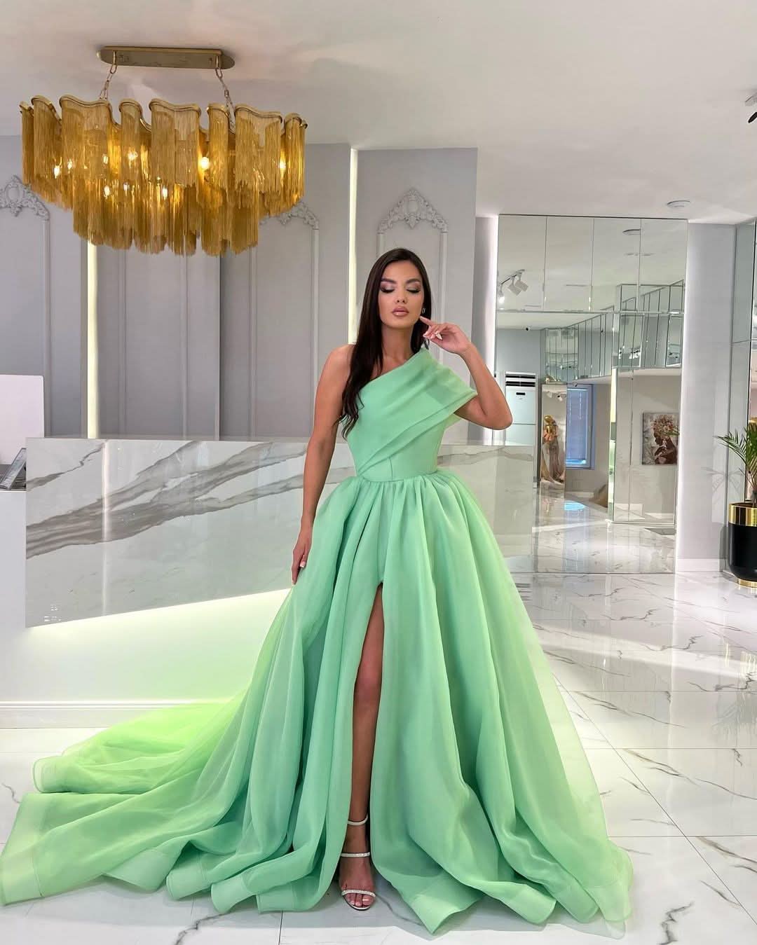 Black A-Line Prom Dress One Shoulder Long Sleeveless with Split BM bride