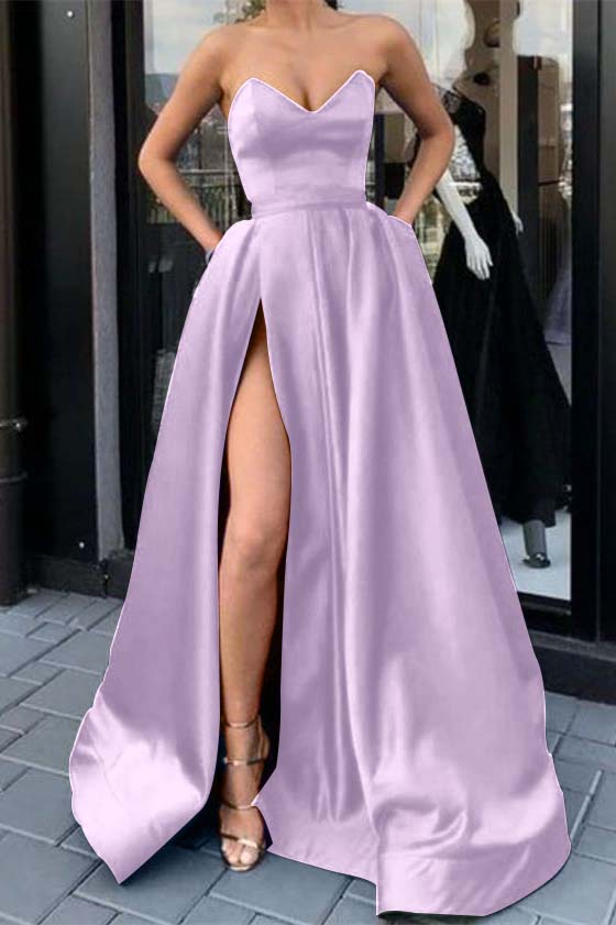 Sweetheart Strapless Sleeveless Long Prom Dress Purple Split With Pockets BMBRIDE