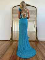 Glamorous Mermaid One Shoulder Sequins Prom Dress With Slit BM bride