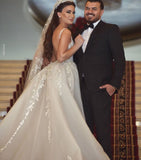 V-Neck Tulle Lace Long Mermaid Wedding Dress with Detachable Train BM bride