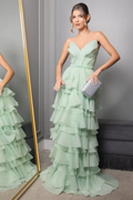 Spaghetti Strap V Neck Sleeveless Long Prom Dress With Pleated BMBRIDE