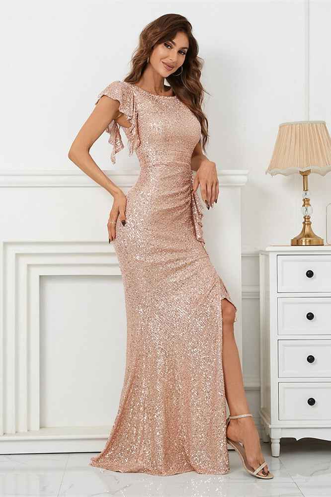 Mermaid Scoop Split Prom Dress With Cap Sleeves Ruffle On Sale