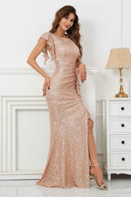 Mermaid Scoop Split Prom Dress With Cap Sleeves Ruffle On Sale