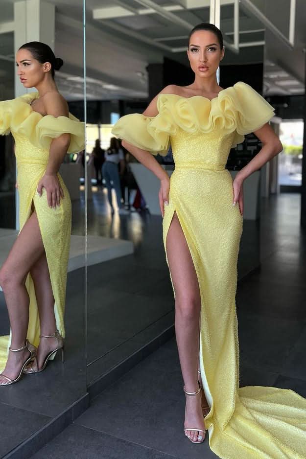 Daffodil Off-The-Shoulder Mermaid Evening Dress with Sequins and Split BM bride