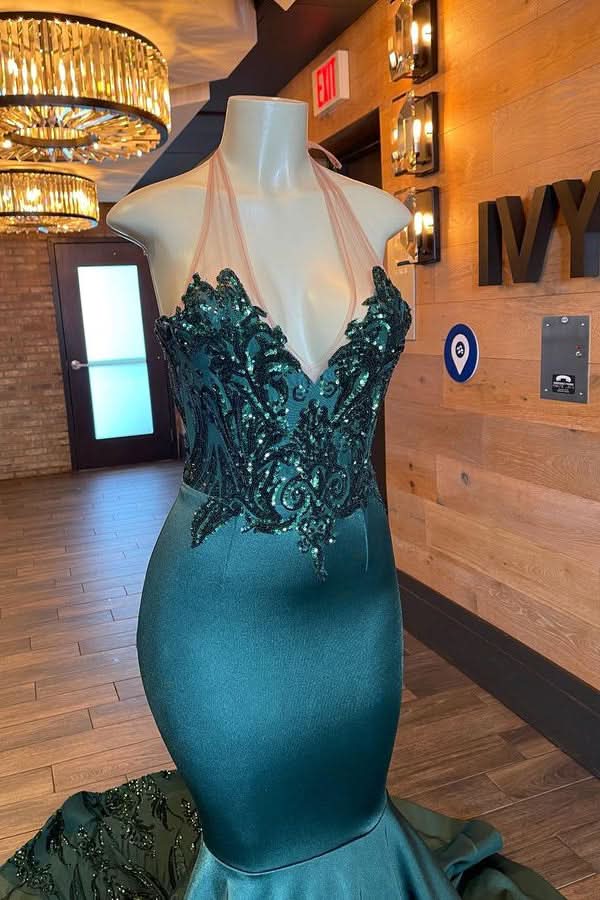 Elegant Dark Green Halter Evening Dress with Sleeveless Appliques BM bride