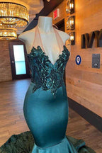 Sleeveless Halter V Neck Mermaid Unique Prom Dress Appliques With Beads