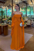 Orange Strapless Sleeveless Long Prom Dress With Pleated Ruffle