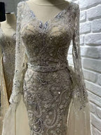 Elegant Ink Blue Long Sleeve Prom Dress, Sequin Applique A-Line BM bride